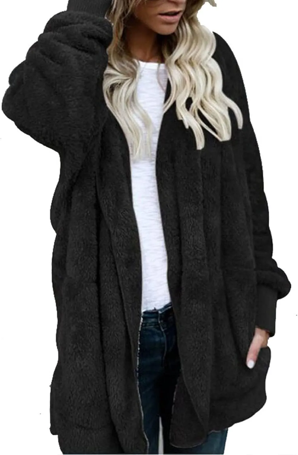 Women's Hooded Cardigan Sherpa Fuzzy Fleece Jacket Warm Coat Outwear with Pockets 