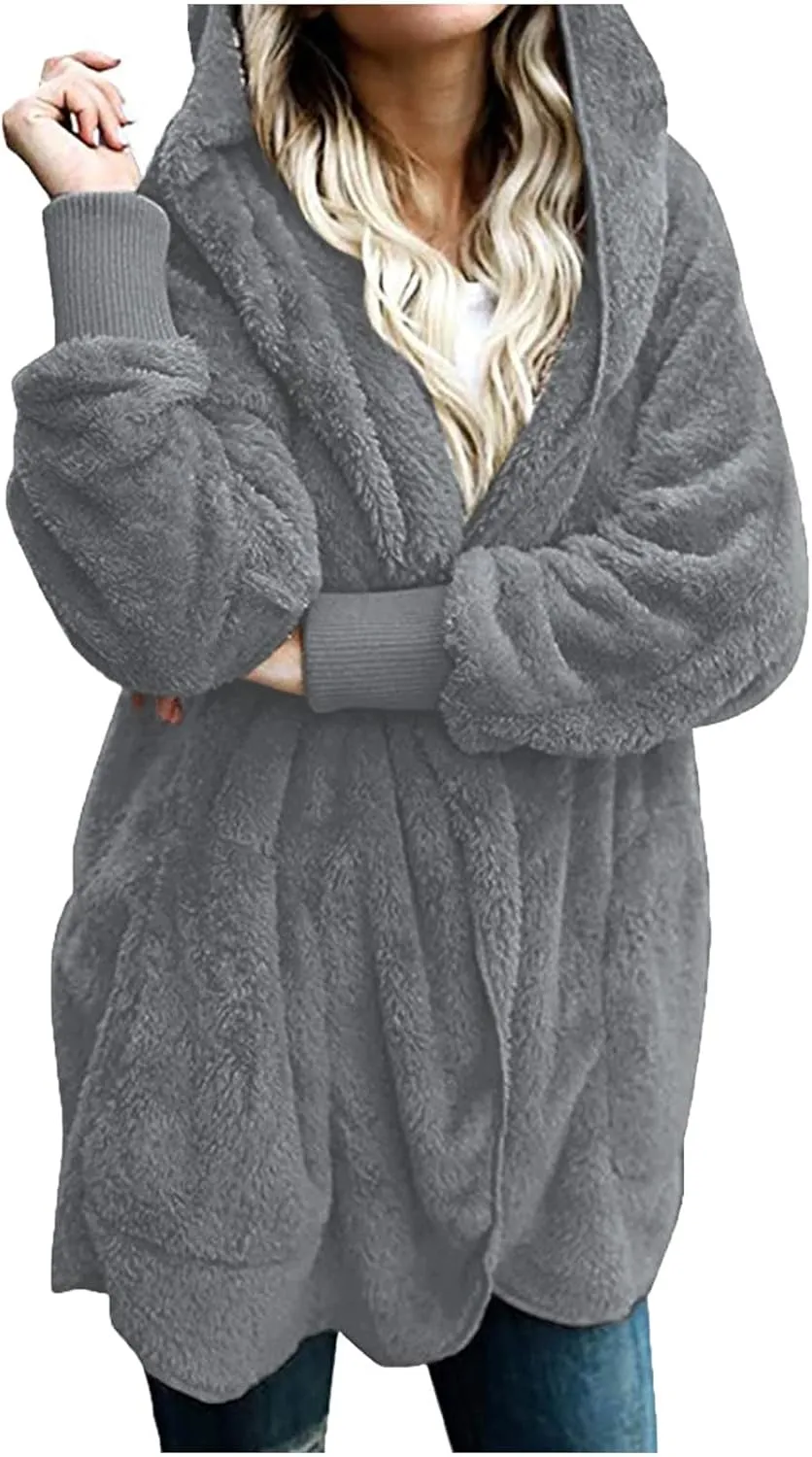 Women's Hooded Cardigan Sherpa Fuzzy Fleece Jacket Warm Coat Outwear with Pockets 