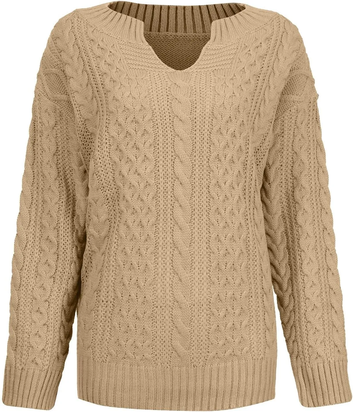 Women's Oversized Off Shoulder Cable Knit V Neck Long Sleeve Sweaters Pullover Loose Fitting Jumper Tops Plus Size