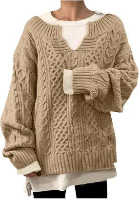 Women's Oversized Off Shoulder Cable Knit V Neck Long Sleeve Sweaters Pullover Loose Fitting Jumper Tops Plus Size