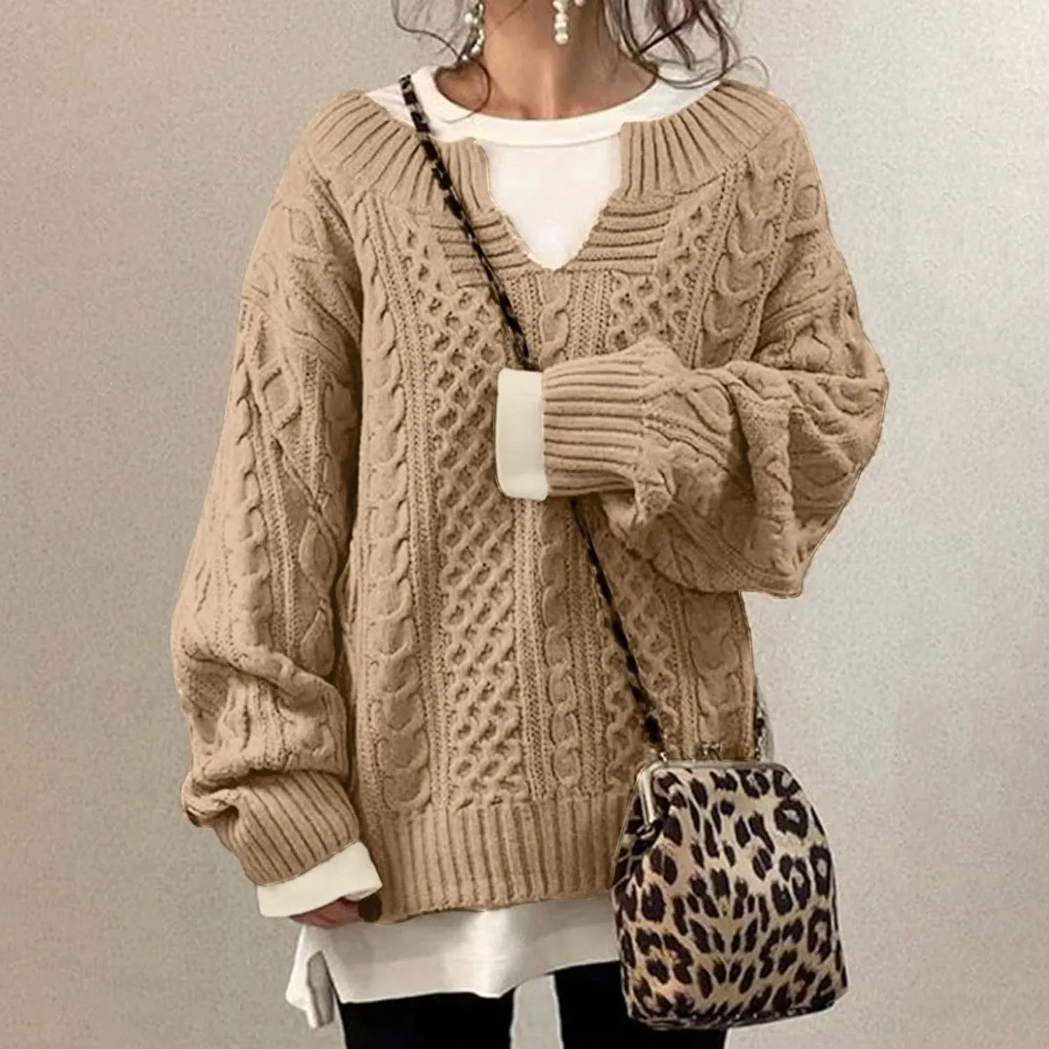 Women's Oversized Off Shoulder Cable Knit V Neck Long Sleeve Sweaters Pullover Loose Fitting Jumper Tops Plus Size