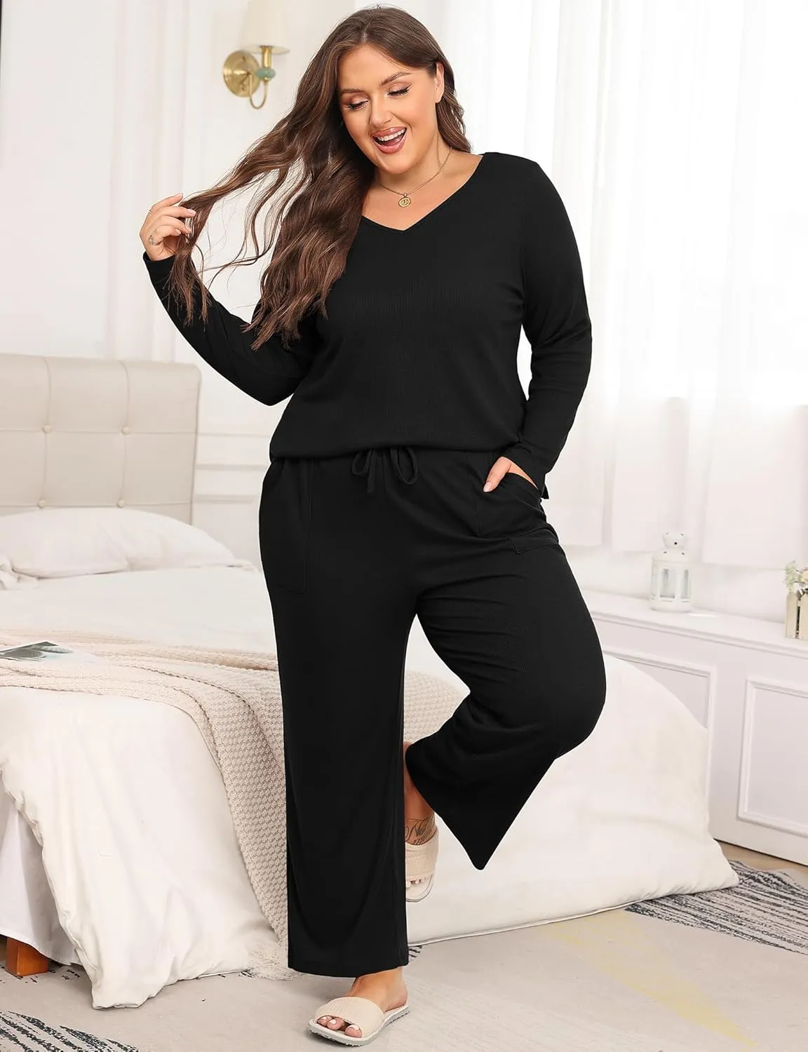Women's Plus Size 2 Piece Pajama Lounge Sets Knit Outfits Long Sleeve V Neck Tops Wide Leg Pants with Pockets