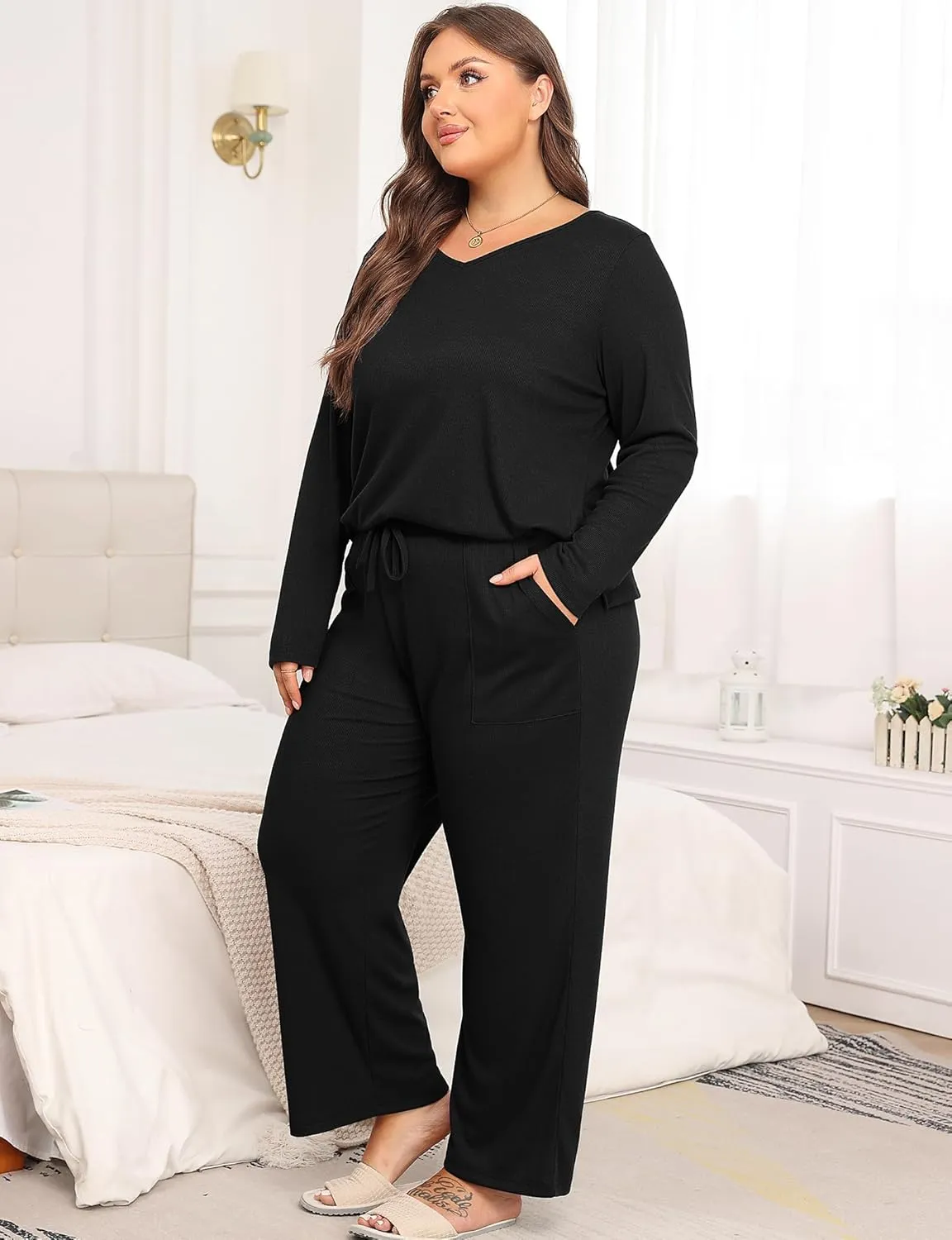 Women's Plus Size 2 Piece Pajama Lounge Sets Knit Outfits Long Sleeve V Neck Tops Wide Leg Pants with Pockets
