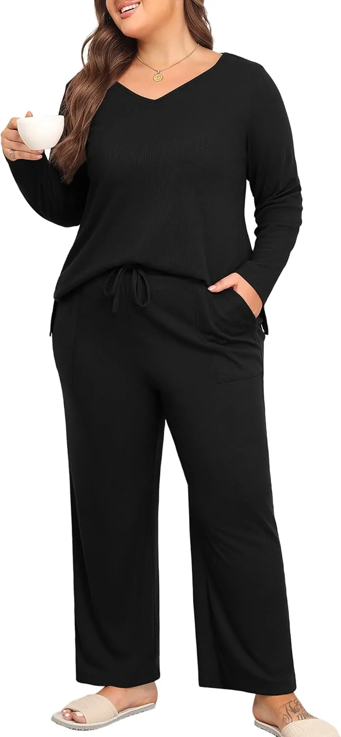 Women's Plus Size 2 Piece Pajama Lounge Sets Knit Outfits Long Sleeve V Neck Tops Wide Leg Pants with Pockets