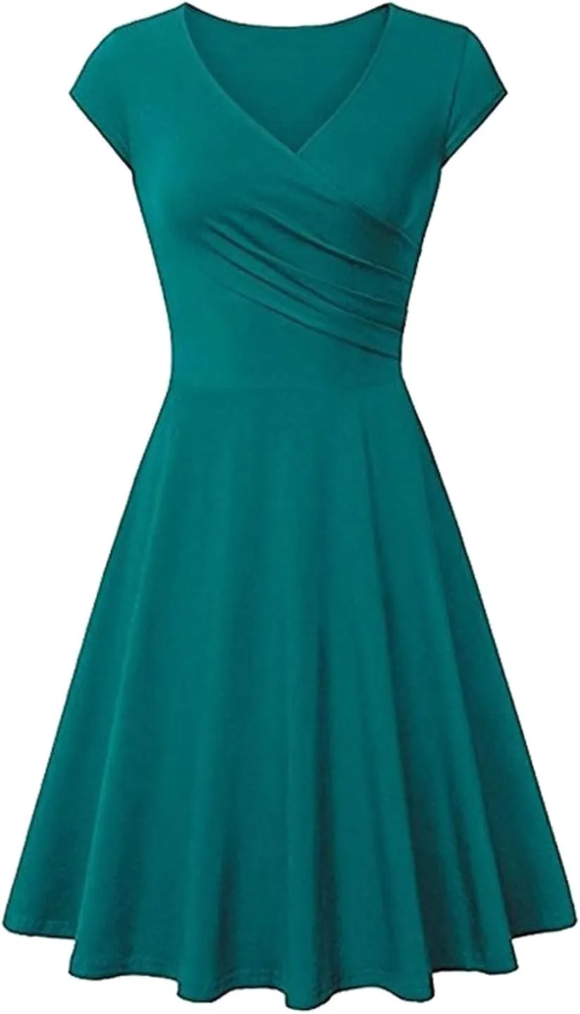 Womens Summer Mini Dresses, Fancy Solid Cap Sleeve Empire Waist Flowy Swing Shirt Dress Comfy Cocktail Party Summer Outfit