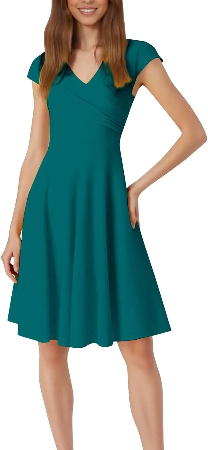 Womens Summer Mini Dresses, Fancy Solid Cap Sleeve Empire Waist Flowy Swing Shirt Dress Comfy Cocktail Party Summer Outfit