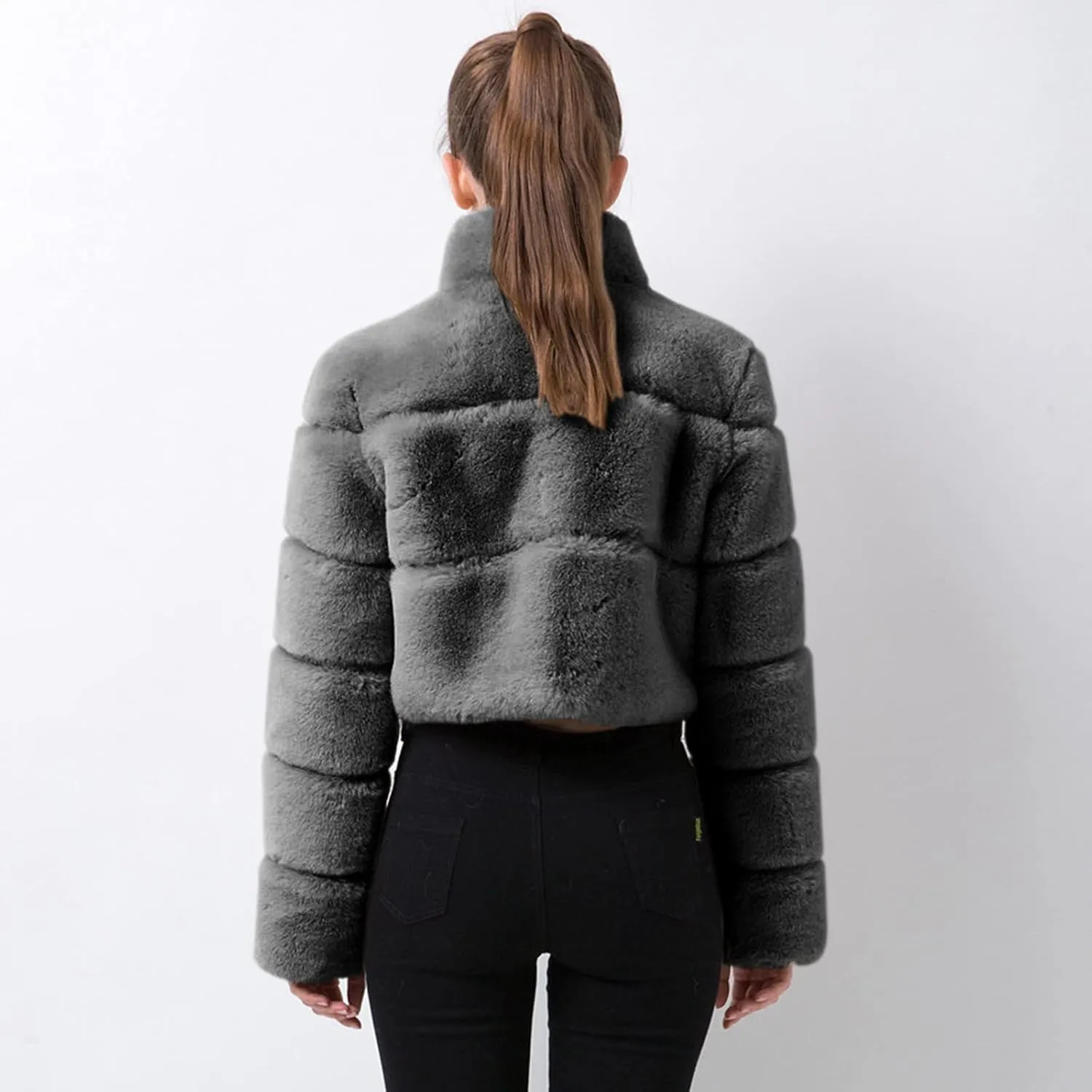 Women's Winter Faux Fox Fur Coats Long Sleeve Stand Collar Oversized Loose Short Wool Jackets Thick Thermal Outwears