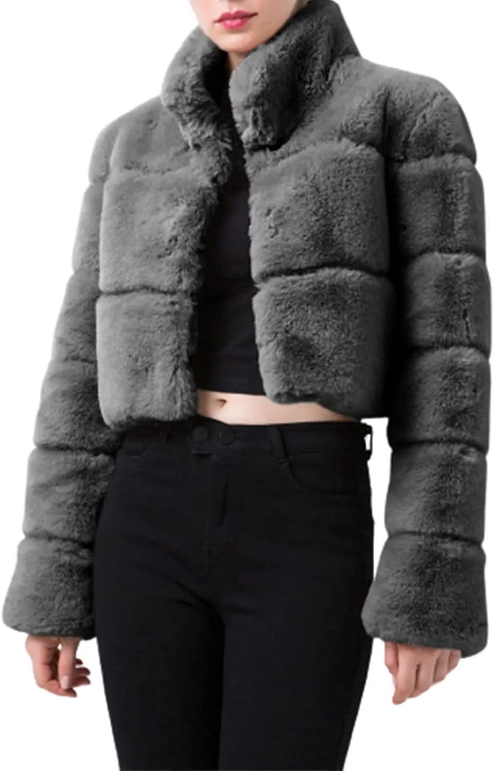 Women's Winter Faux Fox Fur Coats Long Sleeve Stand Collar Oversized Loose Short Wool Jackets Thick Thermal Outwears