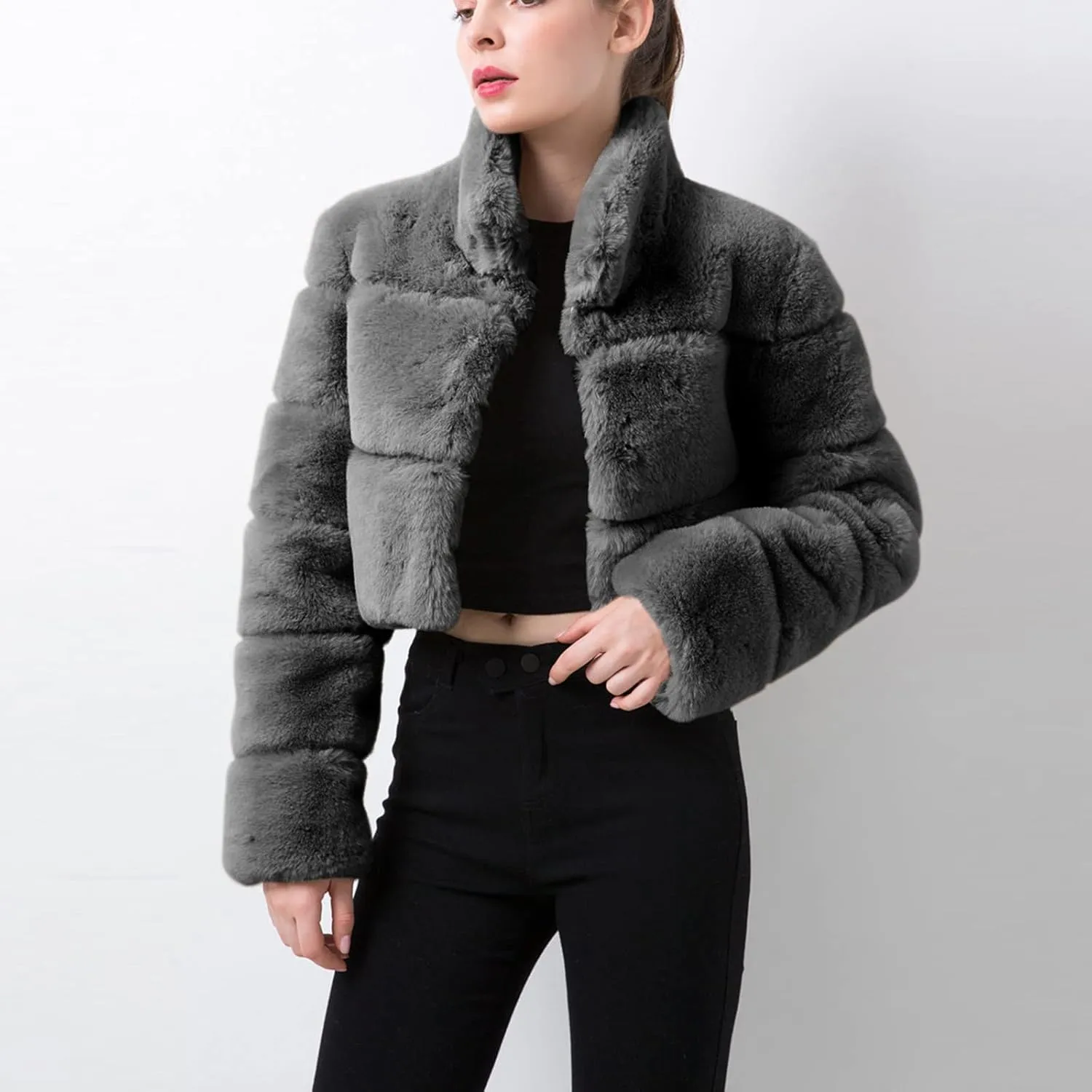 Women's Winter Faux Fox Fur Coats Long Sleeve Stand Collar Oversized Loose Short Wool Jackets Thick Thermal Outwears
