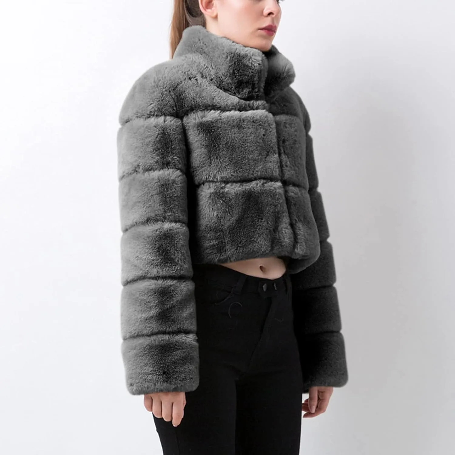 Women's Winter Faux Fox Fur Coats Long Sleeve Stand Collar Oversized Loose Short Wool Jackets Thick Thermal Outwears