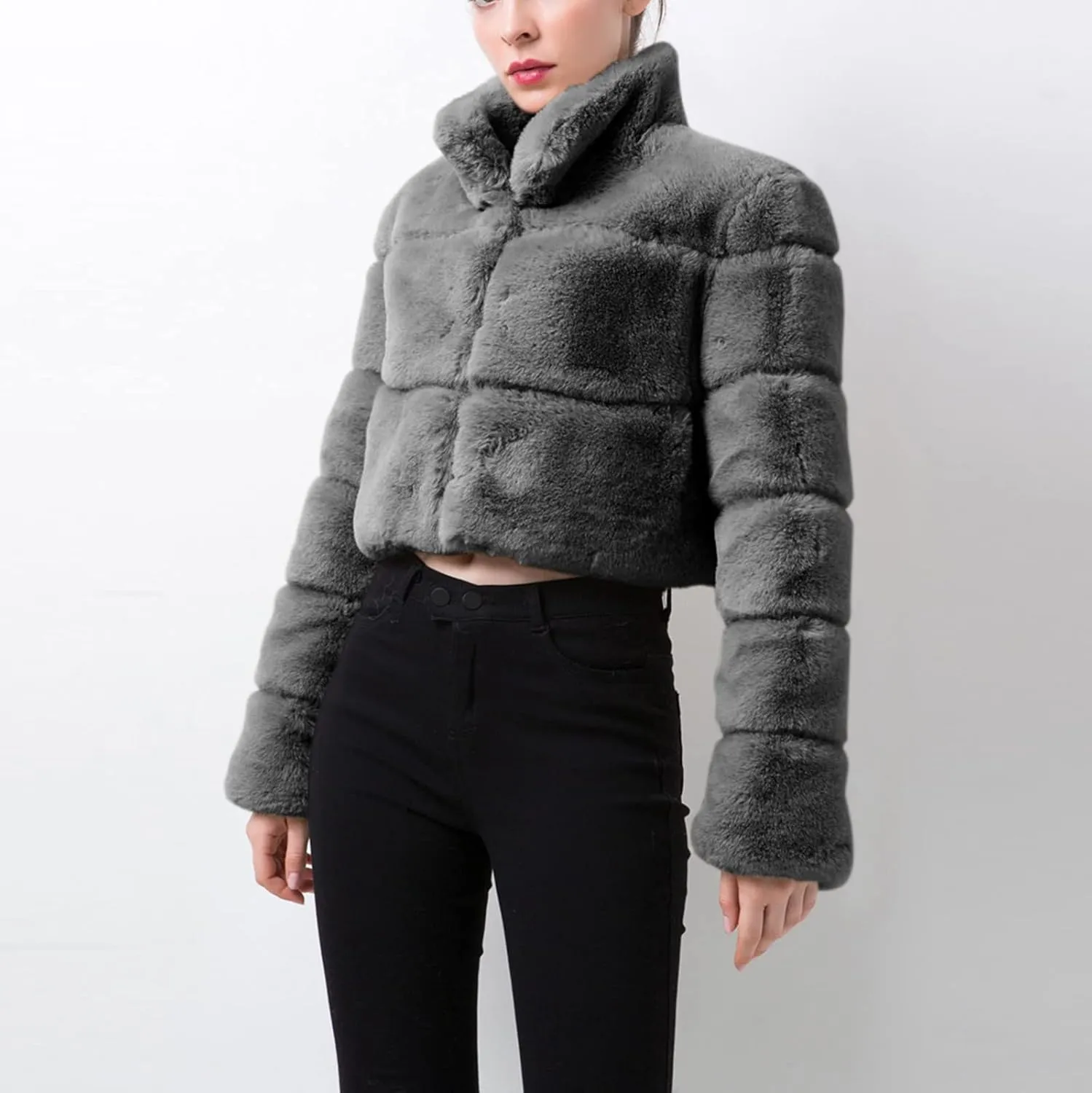 Women's Winter Faux Fox Fur Coats Long Sleeve Stand Collar Oversized Loose Short Wool Jackets Thick Thermal Outwears