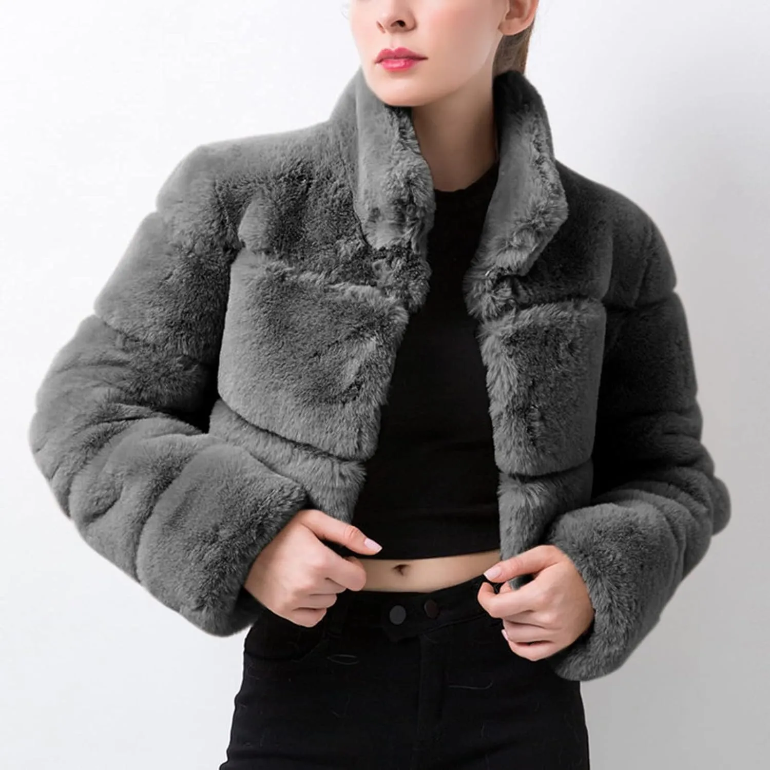 Women's Winter Faux Fox Fur Coats Long Sleeve Stand Collar Oversized Loose Short Wool Jackets Thick Thermal Outwears