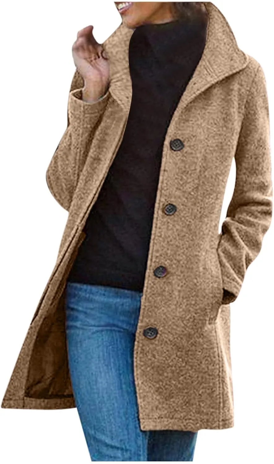Wool Blend Trench Jacket for Women Single Breasted Business Casual Long Jackets Lapel Collar Mid Length Outerwear
