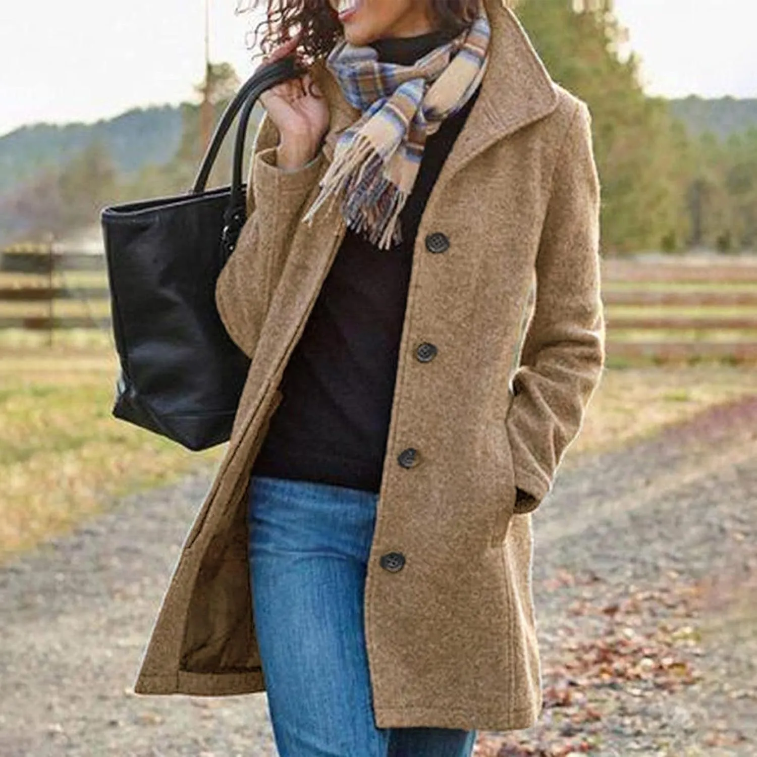 Wool Blend Trench Jacket for Women Single Breasted Business Casual Long Jackets Lapel Collar Mid Length Outerwear