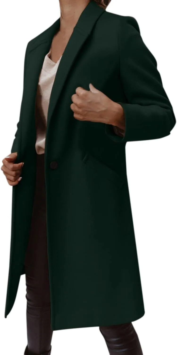 XUETON Womens Elegant Notched Collar Double Breasted Wool Blend Over Coat Classic Windproof Autumn Winter Trenchcoat Blazers(Green,Medium)