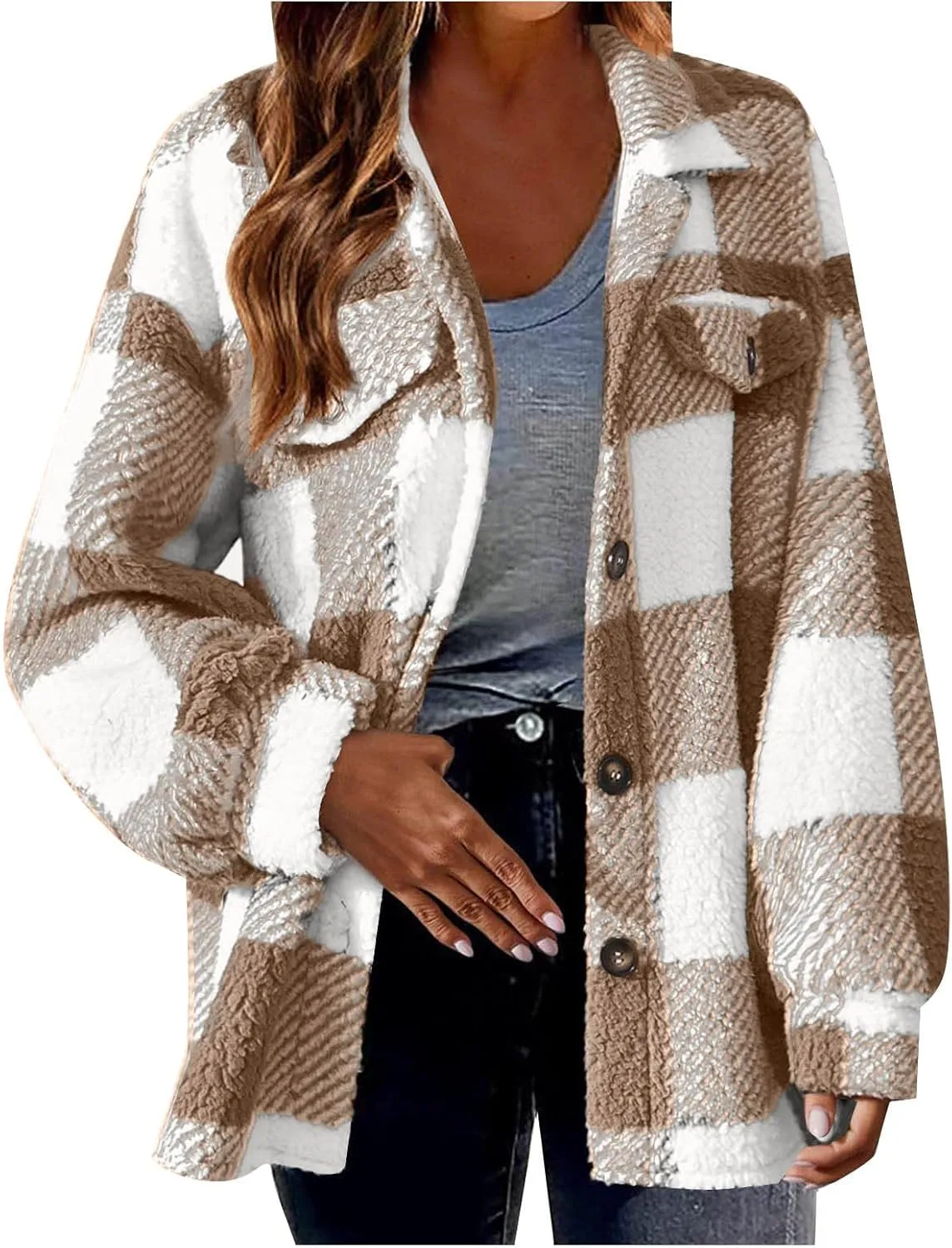 XUNRYAN Womens Flannel Jacket Plus Size Wool-Blend Trench Coat Winter Fall Transition Coat Lightweight Outerwear 2024 Fashion
