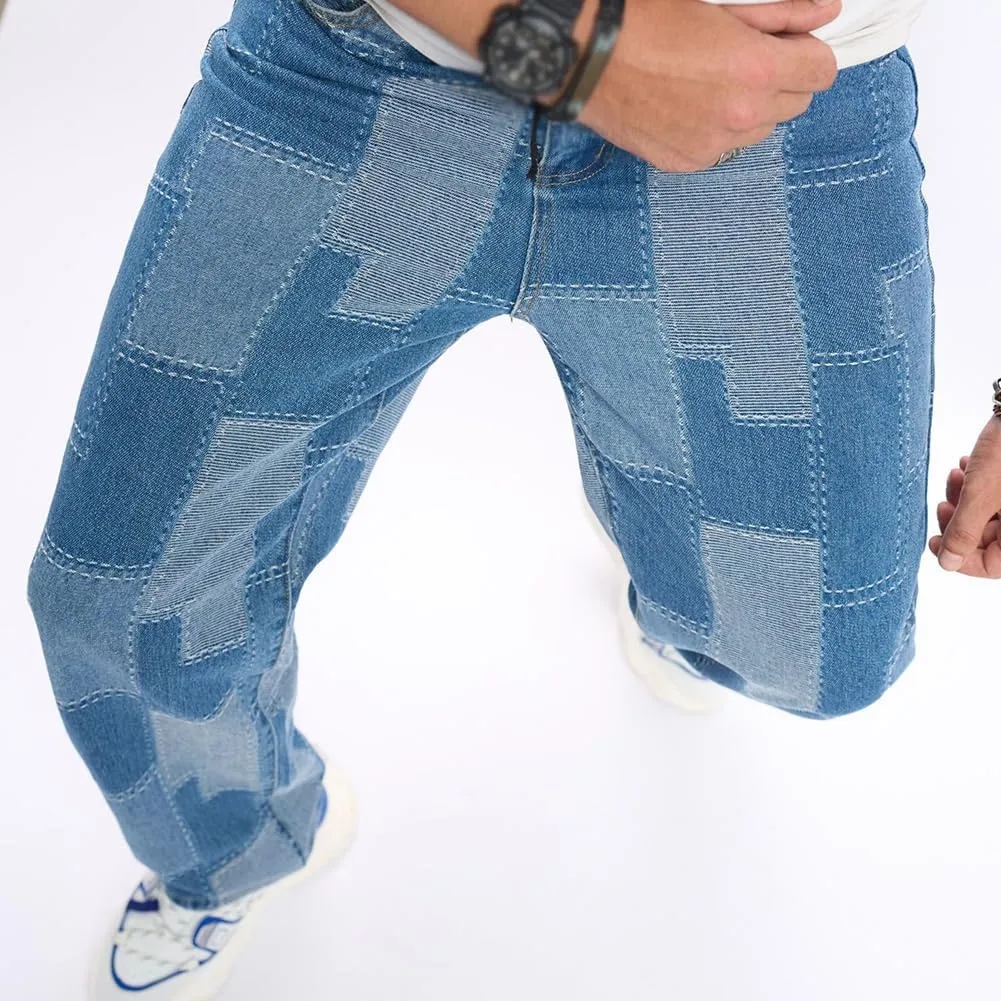 XYGJZ Mens Jeans Relaxed Fit Straight Leg Jeans Patchwork Pants Streetwear Skateboard Trousers