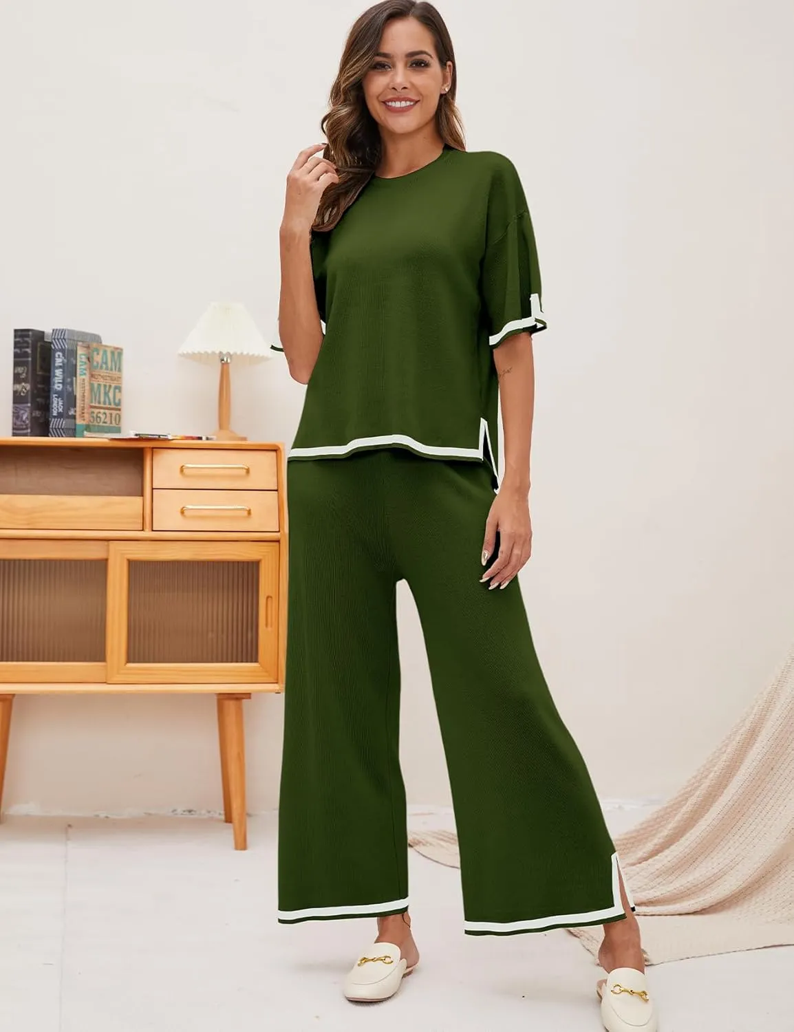 Yimoon Women's Knit 2 Piece Lounge Set Casual Short Sleeve Pullover Tops and Wide Leg Pants Sets