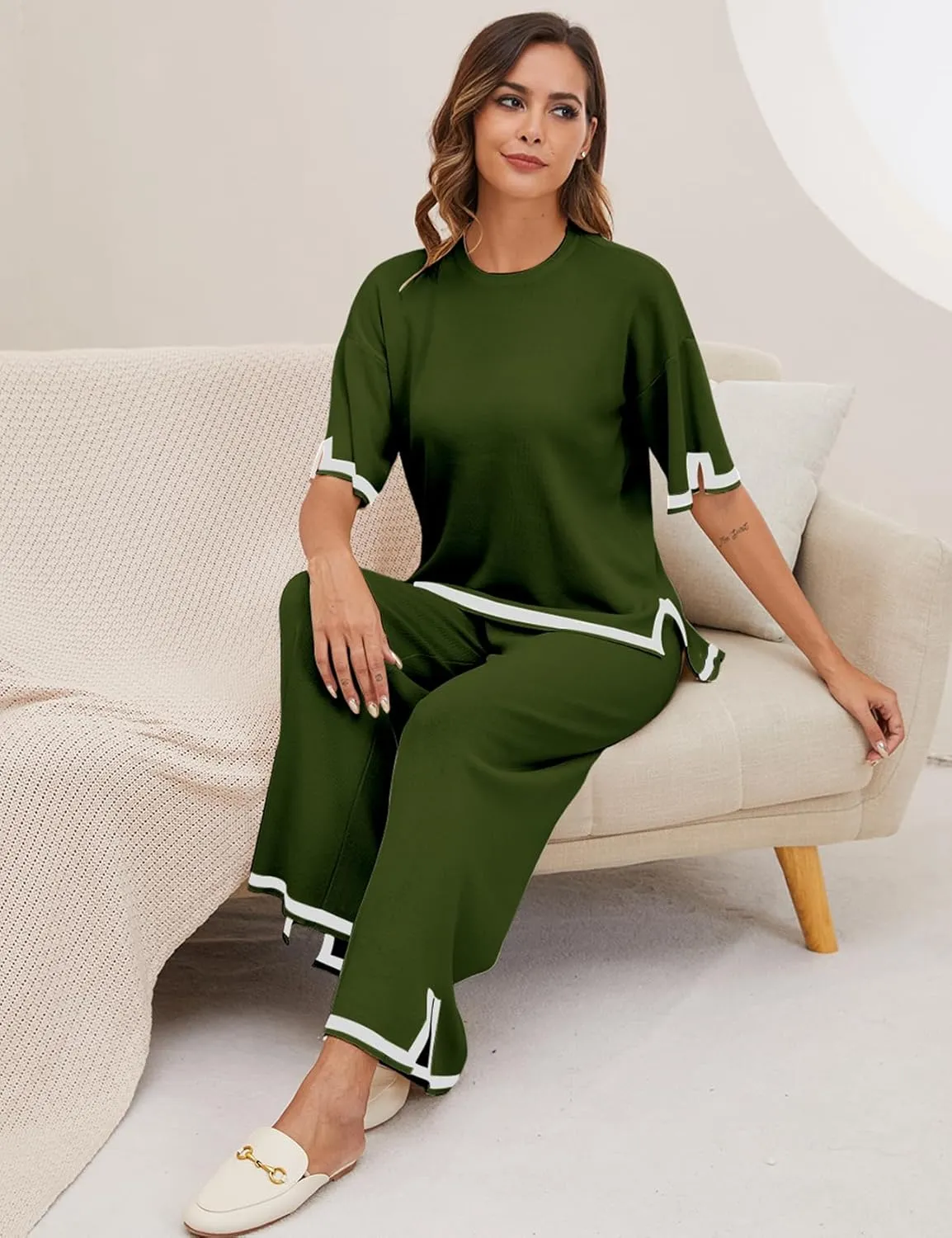 Yimoon Women's Knit 2 Piece Lounge Set Casual Short Sleeve Pullover Tops and Wide Leg Pants Sets