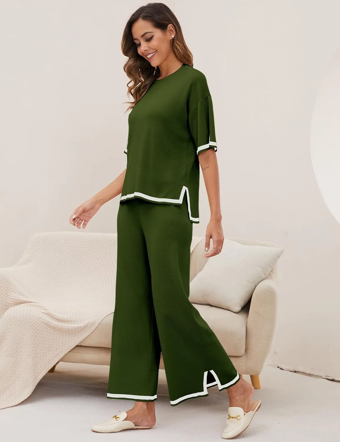 Yimoon Women's Knit 2 Piece Lounge Set Casual Short Sleeve Pullover Tops and Wide Leg Pants Sets