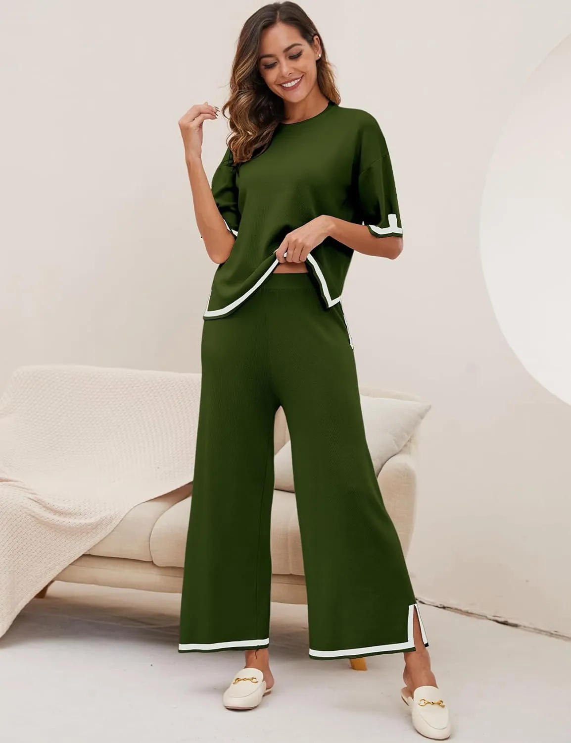 Yimoon Women's Knit 2 Piece Lounge Set Casual Short Sleeve Pullover Tops and Wide Leg Pants Sets