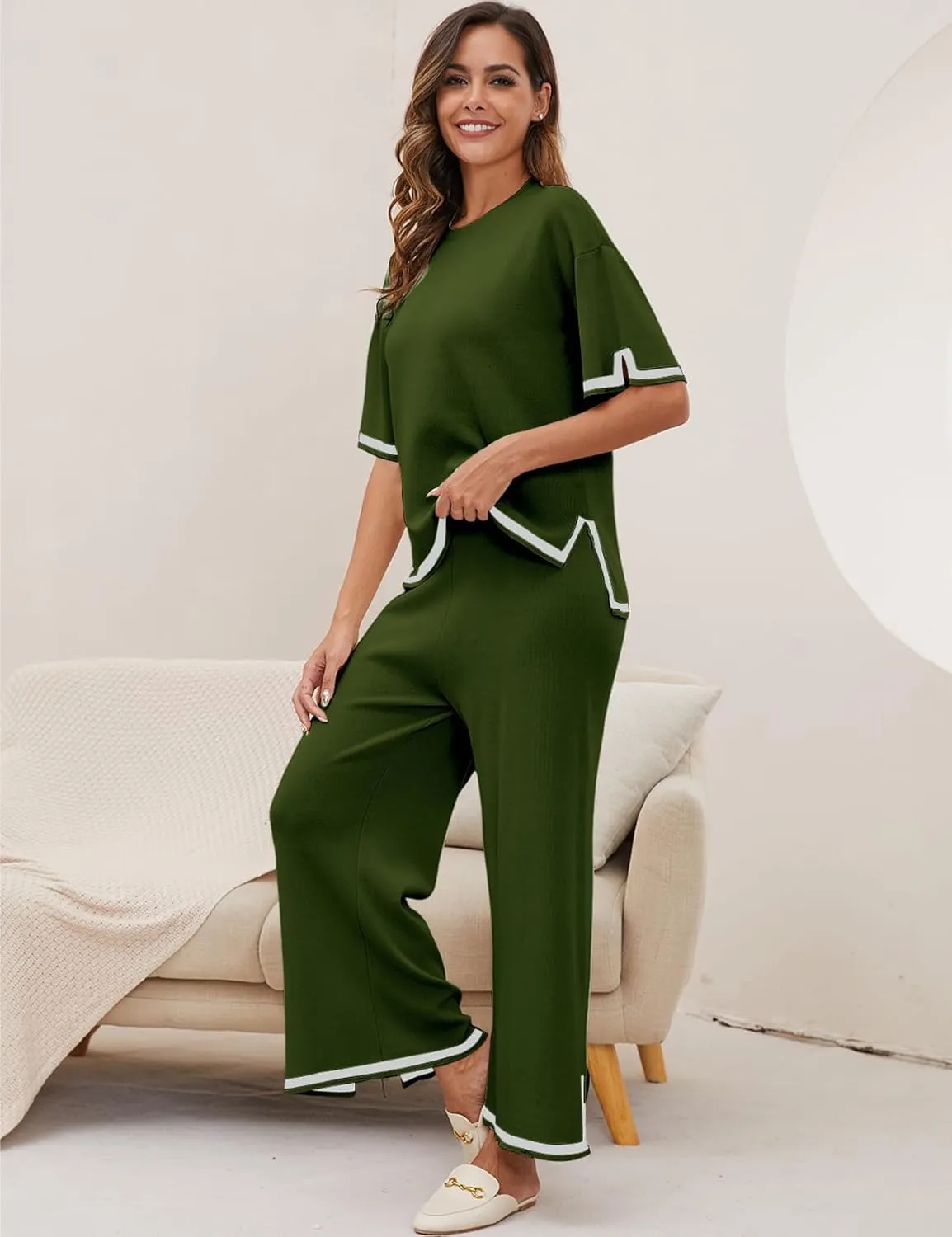 Yimoon Women's Knit 2 Piece Lounge Set Casual Short Sleeve Pullover Tops and Wide Leg Pants Sets